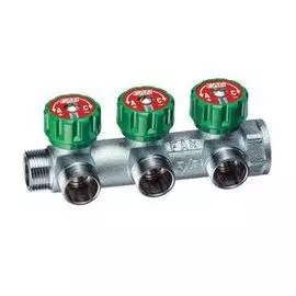 Хромированный регулирующий проходной коллектор (ВР-НР) с 3 отводами (МР) 1", FAR, артикул FK 3850 C1