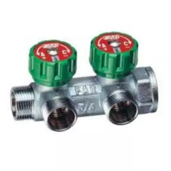 Хромированный регулирующий проходной коллектор (ВР-НР) с 2 отводами (МР) 3/4", Far, артикул FK 3825 C34