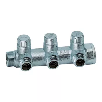 Коллектор FAR хромир запорный проходной MULTIFAR 1" (ВР-НР) с 3 отводами 3/4 НР