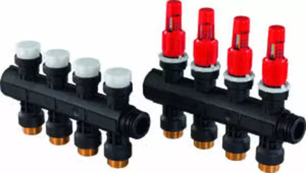 Модульный коллектор Uponor для теплого пола PRO 1" с расходомерами, 4 выхода на 3/4", артикул 1030584