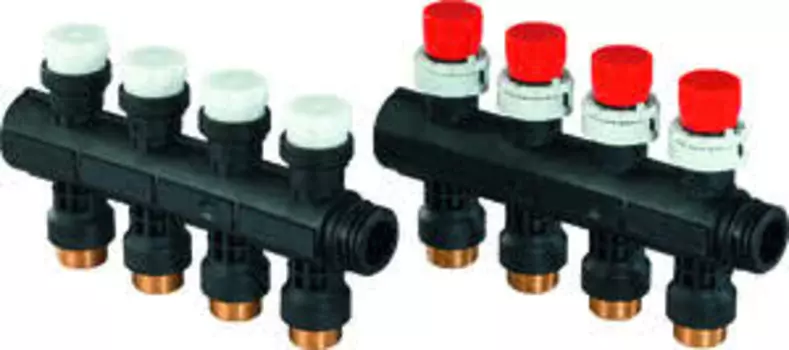 Модульный коллектор Uponor для теплого пола PRO 1" с запорными вентилями, 4 выхода на 3/4", артикул 1030581