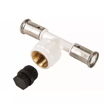 Тройник ВР c черной заглушкой BP04 1/2", ПВДФ пресс (белый), 20x1/2"x20, HENCO