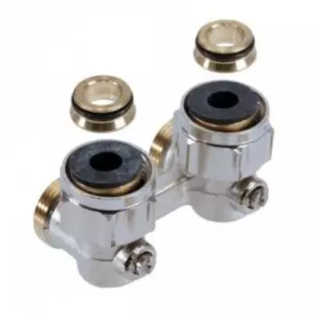 Узел нижнего подключения радиаторов Oventrop Multiflex F 3/4"НГ x 3/4"НР,из латуни, никелир., артикул 1015814, угловой