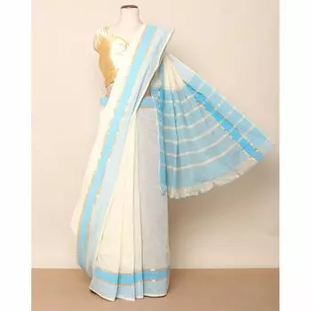 Бело-синее хлопковое сари с каймой, South Cotton Saree with Zari Line Border, произв. AJIO
