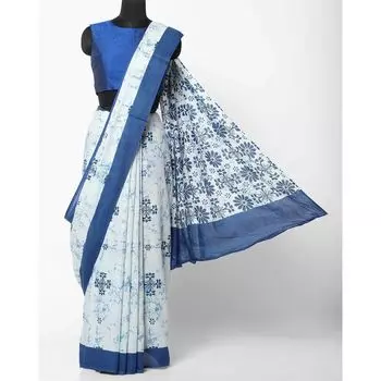 Бело-синее традиционное сари с узором, Printed Traditional Saree, произв. AJIO