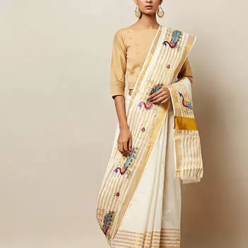 Бежевое сари с лебедями, Mina Embroidered Anand Kerala Kasavu Cotton, произв. MYINDIA