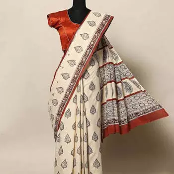 Бежевое сари с узором, Beige Saree with Pattern, произв. MYINDIA