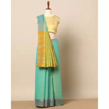Бирюзовое сари из южного хлопка с каймой зари, South Cotton Saree with Zari Border Turquoise, произв. AJIO