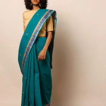 Бирюзовое сари, Theni Cotton Saree with Thread Zari Border, произв. MYINDIA