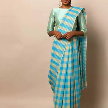 Бирюзовое сари в клетку, South Cotton Checked Saree with Zari Border, произв. MYINDIA