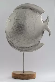 Большая декоративная рыба на деревянной подставке, Никель, Iron Eitching Fish With Wooden Base, произв. John Molly Decor&Gifts