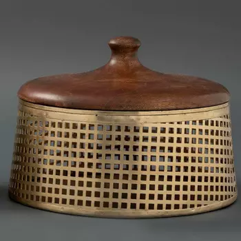 Большая круглая металлическая шкатулка с деревянной крышкой, Латунь, Wooden Big Brass Box, произв. John Molly Decor&Gifts