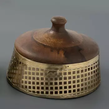 Большая круглая металлическая шкатулка с деревянной крышкой, Латунь, Wooden Big Brass Box, произв. John Molly Decor&Gifts