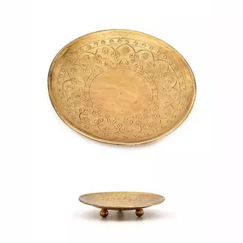 Большое металлическое круглое блюдо с гравировкой на круглых ножках, Латунь, Big Iron Round Pillar Plate, произв. John Molly Decor&Gifts