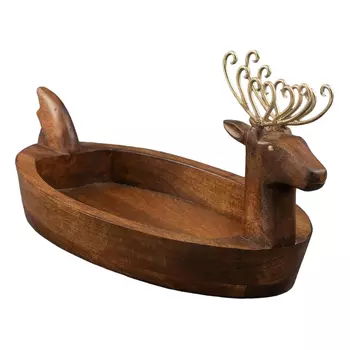 Большой глубокий поднос из дерева в форме оленя, Латунь, Wooden Brass Big Reindeer Tray, произв. John Molly Decor&Gifts