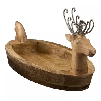 Большой глубокий поднос из дерева в форме оленя, Никель, Wooden Nickel Big Reindeer Tray, произв. John Molly Decor&Gifts