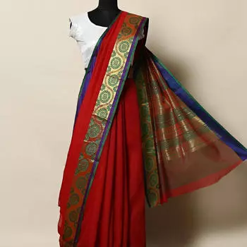 Бордовое с золотом сари, Banarasi Cotton Saree with Chakra Border, произв. MYINDIA