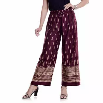 Брюки из вискозы с этническим принтом, Handprinted Rayon Pants Burgundy, Handmade, произв. MYINDIA