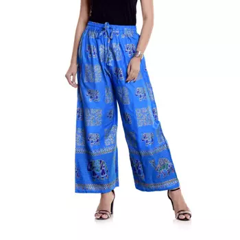 Брюки из вискозы с этническим принтом, Handprinted Rayon Pants Blue Elephant, Handmade, произв. MYINDIA
