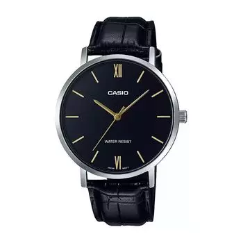 Часы мужские с черным кожаным ремешком, Black Leather Men's Watch, произв. Casio