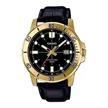 Часы мужские с ремешком из черной кожи, Black Leather Men's Watch, произв. Casio