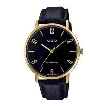 Часы с черным кожаным ремешком мужские, Black Leather Men's Watch, произв. Casio