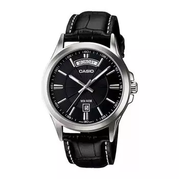 Часы с кожаным черным ремешком мужские, Black Leather Men's Watch, произв. Casio