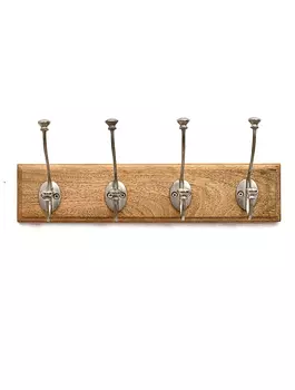 Деревянная вешалка с 4-мя металлическими крючками, Никель, Wooden 4 Hanger Hook Nickel, произв. John Molly Decor&Gifts
