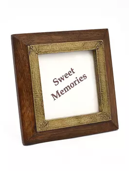 Деревянно-металлическая фоторамка, Латунь, 10х10 см, Wooden Brass Photo Frame 4x4, произв. John Molly Decor&Gifts