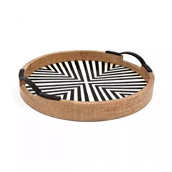 Деревянный круглый поднос с инкрустацией костью большой, Wooden Round Tray With Bone Fitting Big, произв. John Molly Decor&Gifts