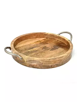 Деревянный круглый поднос с металлическими ручками большой, Никель, Round Tray With Nickel Handle Big, произв. John Molly Decor&Gifts