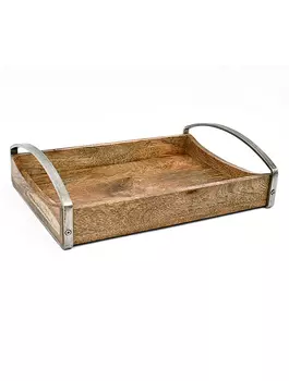 Деревянный поднос с металлическими ручками большой, Никель, Wooden Tray With Nickel Handle Big, произв. John Molly Decor&Gifts