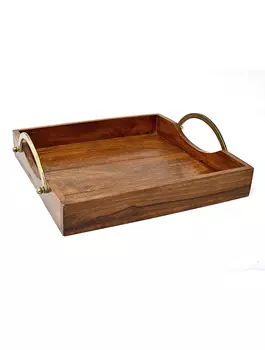 Деревянный поднос с металлическими ручками большой, Латунь, Wooden Sq. Tray With 2 Brass Handle Big, произв. John Molly Decor&Gifts