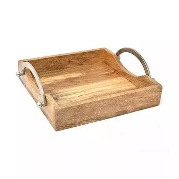 Деревянный поднос с металлическими ручками большой, Никель, Wooden Sq. Tray With 2 Nickel Handle Big, произв. John Molly Decor&Gifts