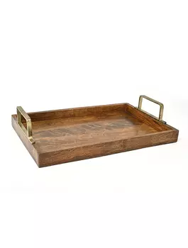 Деревянный поднос с металлическими ручками маленький, Латунь, Rectangle Tray With Brass Handle Small, произв. John Molly Decor&Gifts
