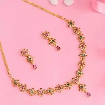 Estele - 24 Kt Floral emerald and ruby stones necklace set