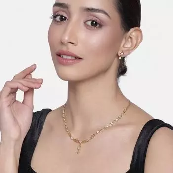 Estele 24 Kt Gold Plated American Diamond Flower Drop Necklace Set for Women