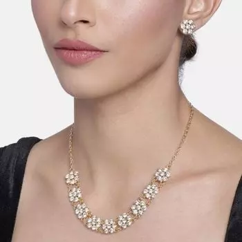 Estele 24 Kt Gold Plated Geometric Shape Austrian Crystal Necklace Set for Women