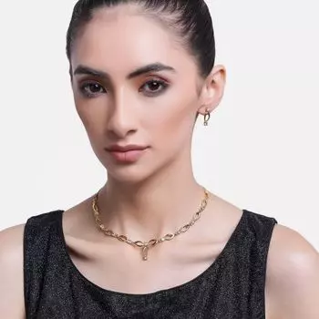 Estele 24 Kt Gold Plated Oval Halo American Diamond Necklace Set for Women