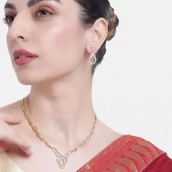 Estele 24 Kt Gold Plated Oval Halo American Diamond Necklace Set For Women