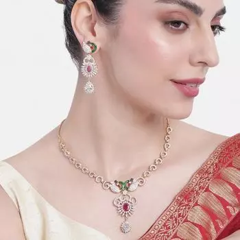 Estele - 24 KT gold plated Peacock Necklace set with Austrian Diamonds and Ruby stones for Women