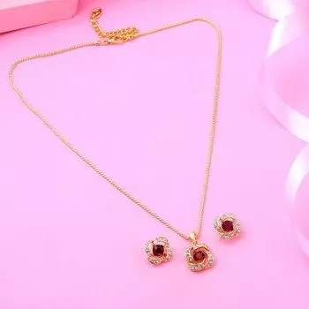 Estele 24 Kt Gold Plated Pendant Set with Red stones and Austrian Crystals