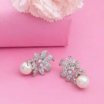 Estele Gold and Silver Plated American Diamond Ruby Leaf Drop Earrings for women