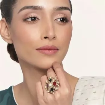 Estele Gold Plated Adjustable Multi Color Stone Ring for Women