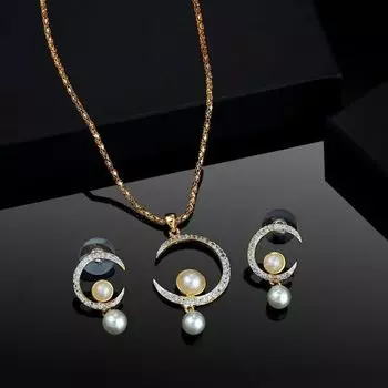 Estele Gold Plated Crescent Shaped Pendant Set with American Diamonds and Pearl Drop for Women / Girls