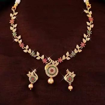 Estele Gold Plated CZ Beautiful Peacock Designer Necklace Set with Pearls for Women