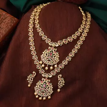 Estele Gold Plated CZ Beautiful Peacock Designer Necklace Set with Pearls for Women