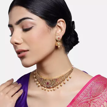 Estele Gold Plated CZ Dazzling Bridal Choker Necklace Set with Colored Stones & Pearls for Women