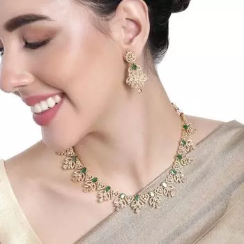 Estele Gold Plated CZ Dazzling Designer Necklace Set with Colored Stones for Women