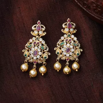 Estele Gold Plated CZ Dazzling Drop Earrings with Pearl & Multi Color Crystals for Women